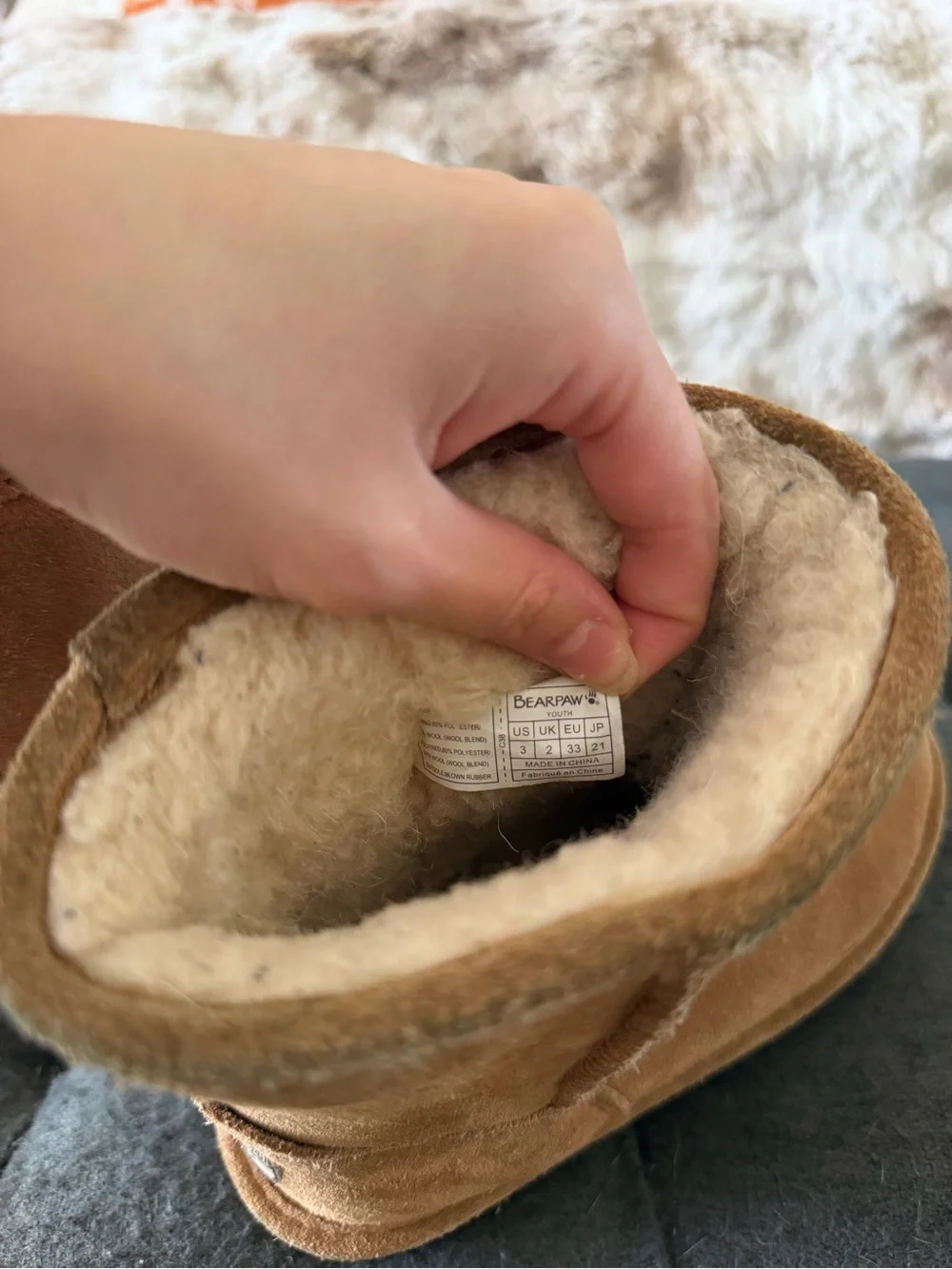 BearPaw Youth Size 3 Short Shearling-Lined Boots in Chestnut Tan